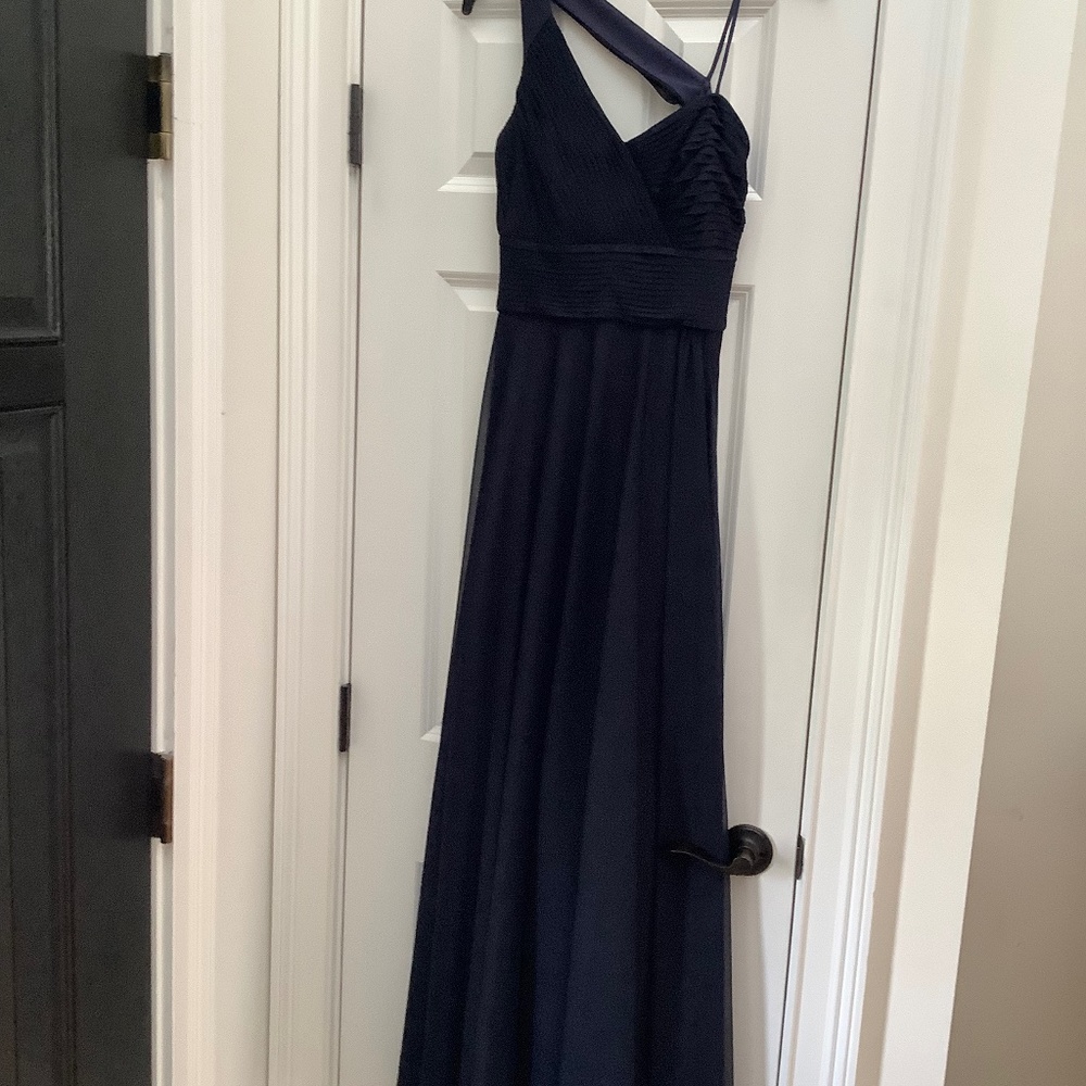 Long navy gown with beautiful open back